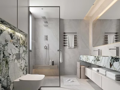 Modern Bathroom Interior Design With Marble Countertops Double Vanities And Large Mirror 3d model