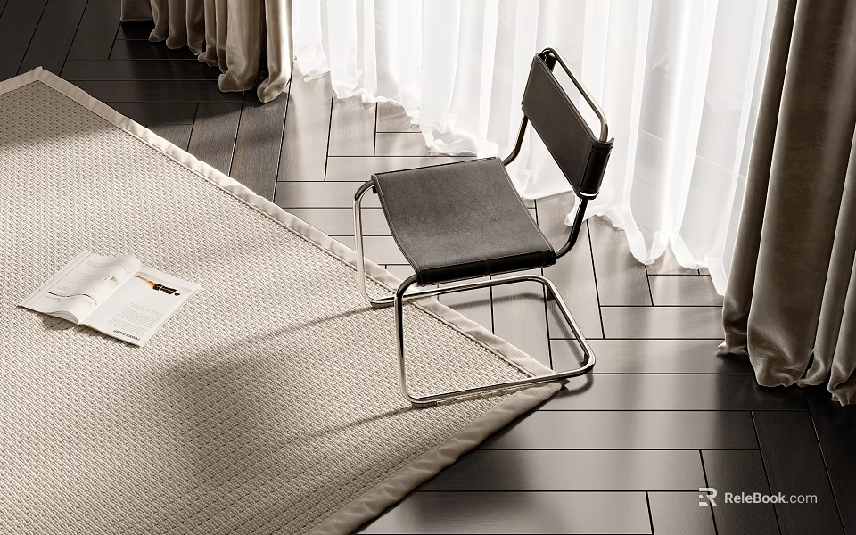 Modern Leisure Chair With Metal Frame Gray Cushion On Wooden Floor By White Curtains 3d model 