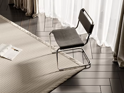 Modern Leisure Chair With Metal Frame Gray Cushion On Wooden Floor By White Curtains 3d model