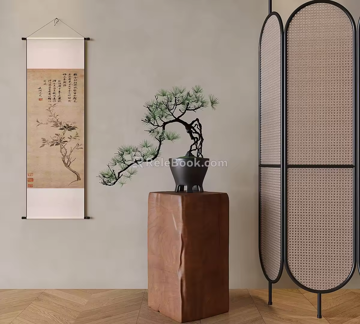 Chinese wrought iron rattan screen folding porch partition 3d model