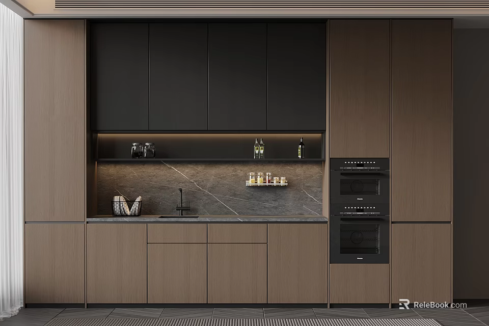 Modern Kitchen Interior With Dark And Light Cabinets Marble Countertop And Built In Oven 3d model 