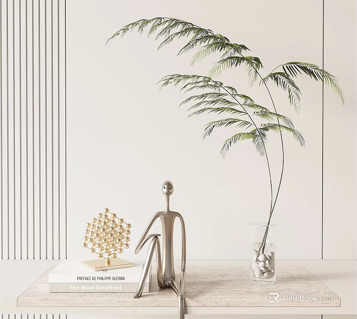 Aquatic Plants In Clear Glass Vase With Decorative Sculpture And Books 3d model 