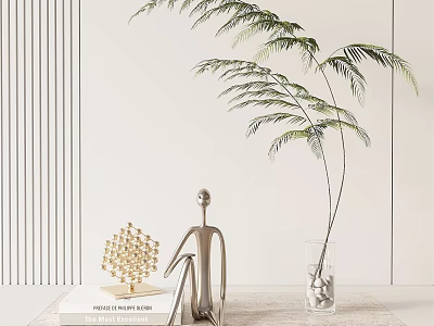 Aquatic Plants In Clear Glass Vase With Decorative Sculpture And Books 3d model