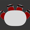 Oval Outdoor Table With White Tabletop Metal Frame And Four Red White Chairs