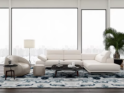 Modern White Sofa and Coffee Table Set With Floor Lamp Potted Plant and City View 3d model