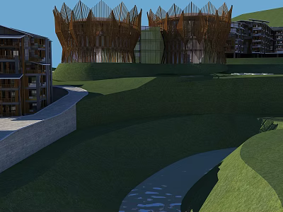 Modern Residential Building Complex With Unique Architectural Design On Green Hillside And Stream 3d model