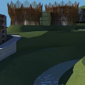 Modern Residential Building Complex With Unique Architectural Design On Green Hillside And Stream