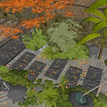 Japanese Garden Stepping Stones With Orange Maple Leaves Green Plants And Bamboo Fence