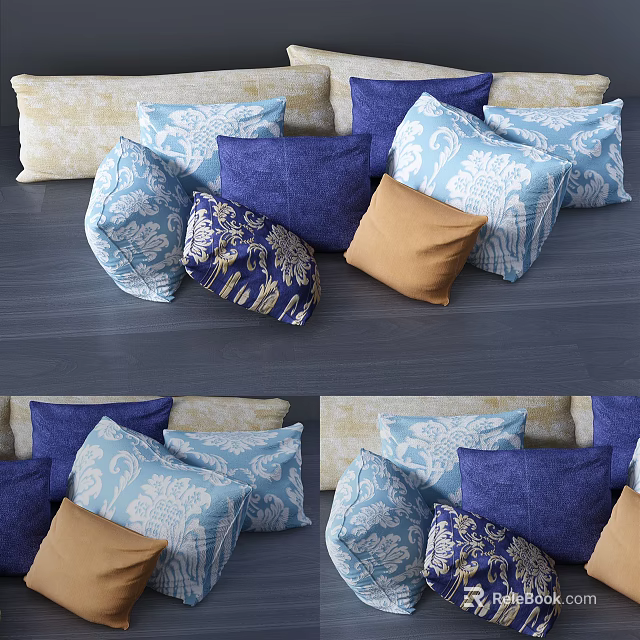 Decorative Pillows Blue Yellow And Patterned Designs Arranged On Sofa For Home Decor 3d model 