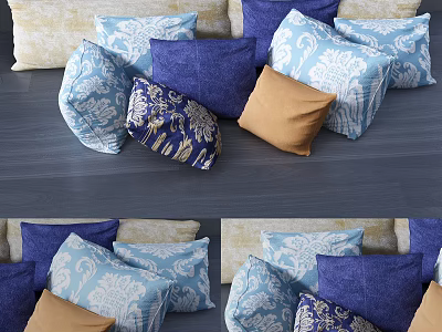 Decorative Pillows Blue Yellow And Patterned Designs Arranged On Sofa For Home Decor 3d model