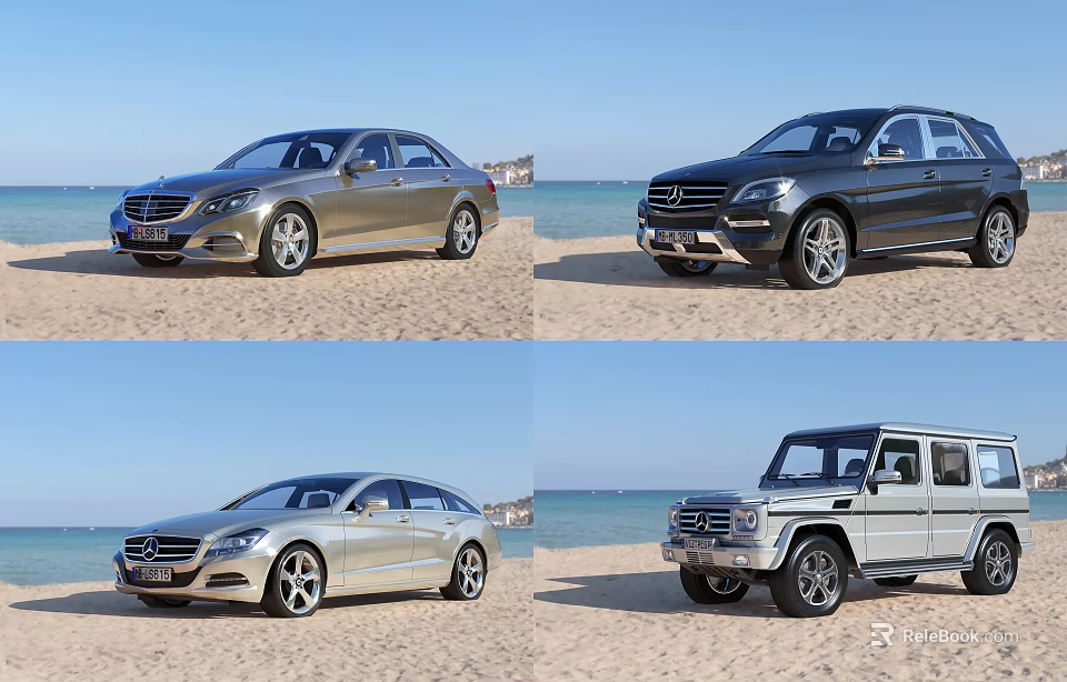 Mercedes-Benz Various Car Models in Silver Gray and White on Beach with Ocean View 3d model 