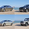 Mercedes-Benz Various Car Models in Silver Gray and White on Beach with Ocean View