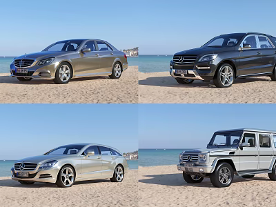 Mercedes-Benz Various Car Models in Silver Gray and White on Beach with Ocean View 3d model