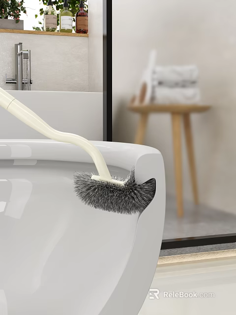 Modern Bathroom Ensemble With Bathtub Toilet Brush Stacked Towels And Wooden Stool 3d model 
