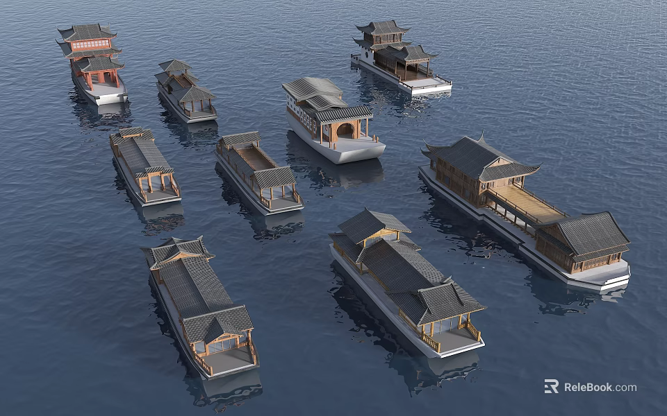 Many Traditional Wooden Boats With Classical Roof Designs Floating On Calm Water 3d model 