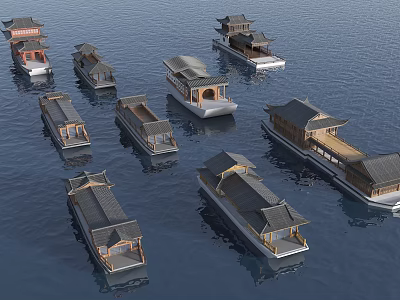 Many Traditional Wooden Boats With Classical Roof Designs Floating On Calm Water 3d model