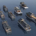 Many Traditional Wooden Boats With Classical Roof Designs Floating On Calm Water
