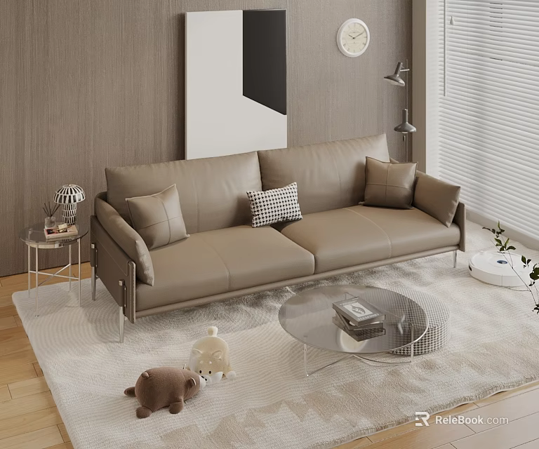 Modern Beige Two Seater Sofa With Throw Pillows On Area Rug And Coffee Table In Living Room 3d model 