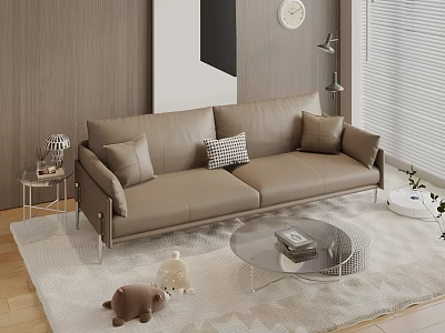 Modern Beige Two Seater Sofa With Throw Pillows On Area Rug And Coffee Table In Living Room 3d model