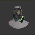 Military Black Gas Mask As Weapon Equipment With Colorful Stripe Filter Canister On Mannequin