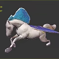 Fantasy Game Movie Character White Horse With Blue Wings And Mane Running