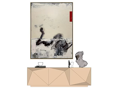 Abstract Painting With Black White Gray Tones Above Geometric Wooden Cabinet With Decorative Sculptures 3d model