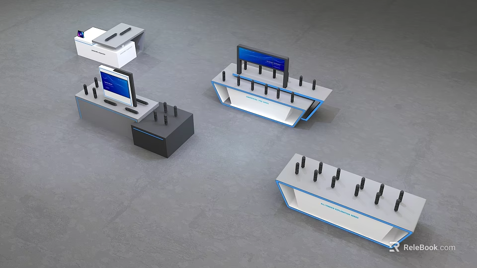 Modern Exhibition Island Design With Monitor Screens And Device Stations 3d model 