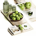 Decorative Ornament Set With Green Glass Vases Cups Wooden Bowl And Fresh Green Apples