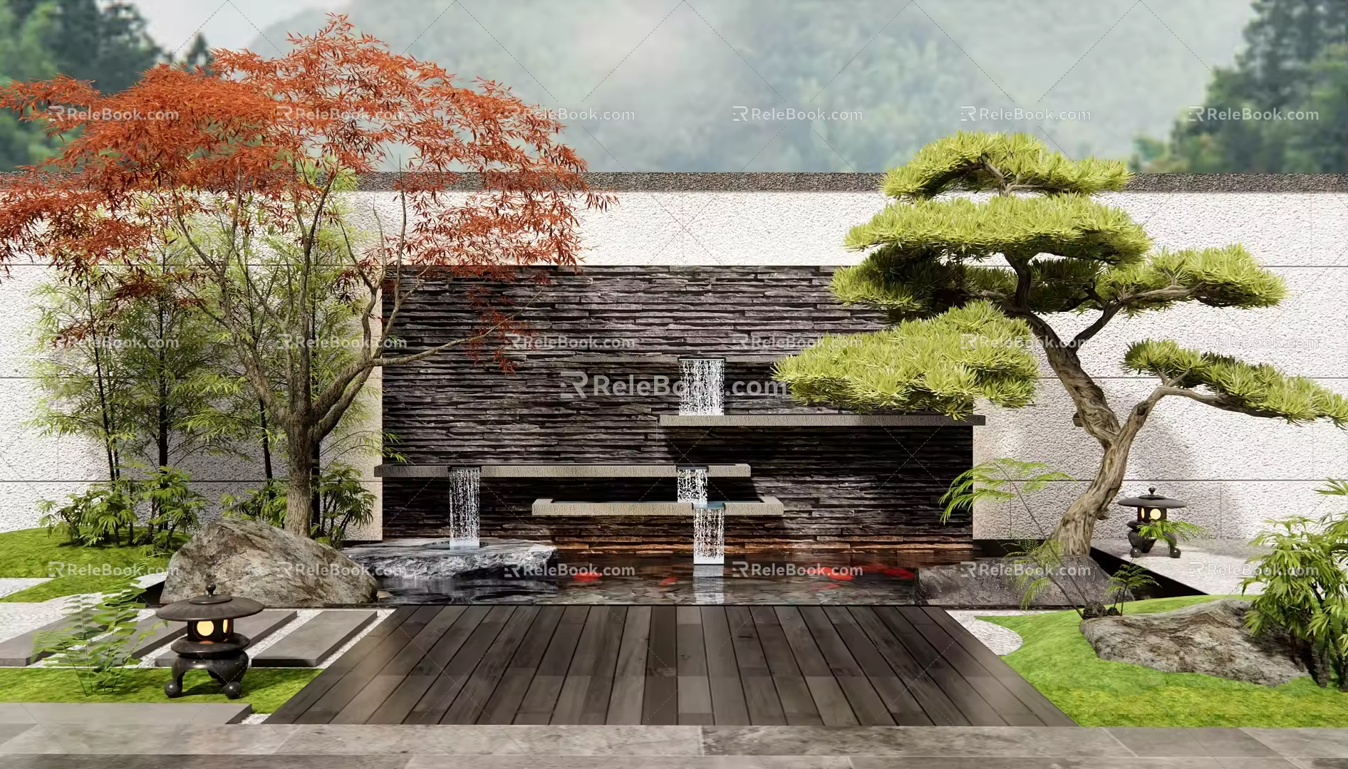 New Chinese style water drop wall water view rockery water view stone red maple landscape tree pine tree 3d model