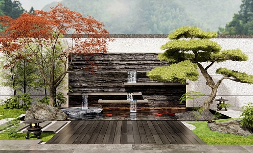 New Chinese style water drop wall water view rockery water view stone red maple landscape tree pine tree 3d model