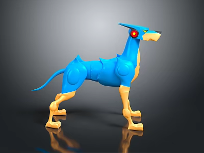 Blue Mechanical Dog Character With Armored Body Yellow Accents Pointed Ears And Glowing Eyes 3d model