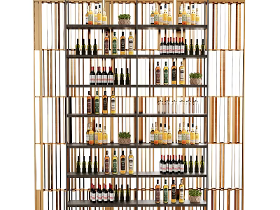 Stylish Wine Cabinet with Layered Shelves Holding Various Wine Bottles and Potted Plants 3d model