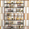 Stylish Wine Cabinet with Layered Shelves Holding Various Wine Bottles and Potted Plants