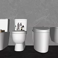 Different Styles Of White Toilets With Grey Marble Wall And Bathroom Toiletries On Top