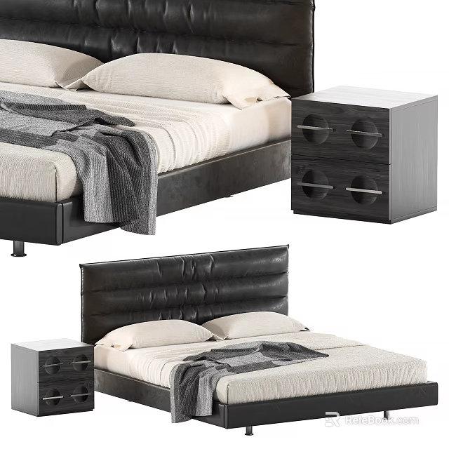 Modern Double Bed With Black Leather Headboard And Nightstand With Round Cutouts 3d model 