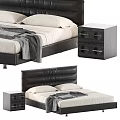 Modern Double Bed With Black Leather Headboard And Nightstand With Round Cutouts