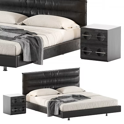 Modern Double Bed With Black Leather Headboard And Nightstand With Round Cutouts 3d model