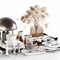 Stylish Decorative Ornament Set with Table Lamp Dried Flowers Books Glassware