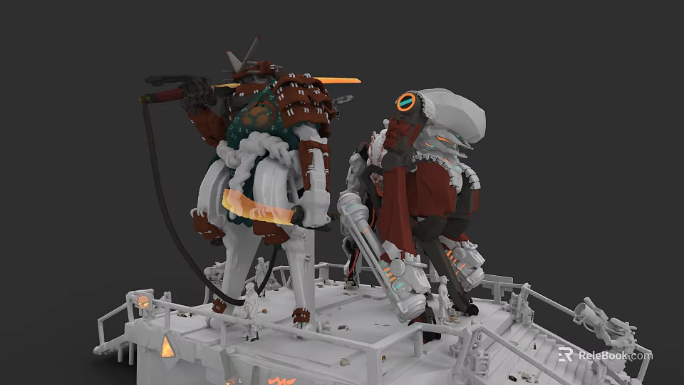 Dual Mechanical Game Movie Characters With Brown Red Armor Cloak Glowing Parts And White Platform 3d model 