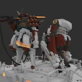 Dual Mechanical Game Movie Characters With Brown Red Armor Cloak Glowing Parts And White Platform