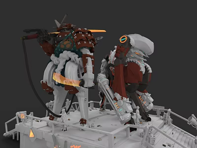 Dual Mechanical Game Movie Characters With Brown Red Armor Cloak Glowing Parts And White Platform 3d model