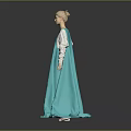 Female Character in Blue Long Dress with Gray White Sleeves Standing on Gray Background