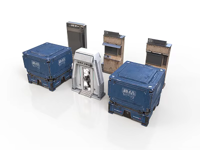 Industrial Scene Components With Blue Storage Crates Metal Frames And Equipment Parts 3d model