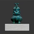 Traditional Green Bronze Ritual Vessel With Animal Heads On White Marble Base