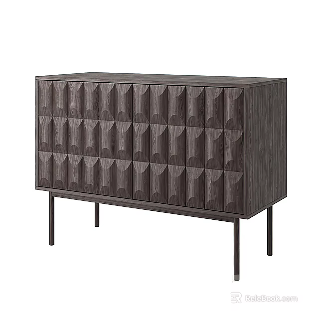 Modern Dark Wooden Entryway Console Cabinet With Geometric Pattern Doors And Slim Legs 3d model 