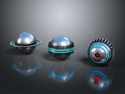 Metallic Spheres With Different Mechanical Designs Blue Accents Gear Details And Red Center 3d model