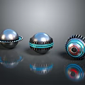 Metallic Spheres With Different Mechanical Designs Blue Accents Gear Details And Red Center