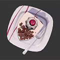 Delicious Red Velvet Cake Slice With Cream Frosting Cherry On White Plate And Fork