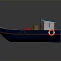 Small Blue And White Watercraft With Blue Roofed Cabin Red Green Barrels And Orange Lifebuoy
