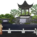 Rockery Stones In Misty Garden With Pond Pavilion Trees And High Rise Buildings